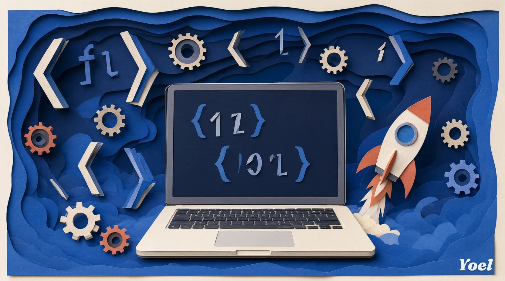 Laptop dikelilingi kode dan roket kertas